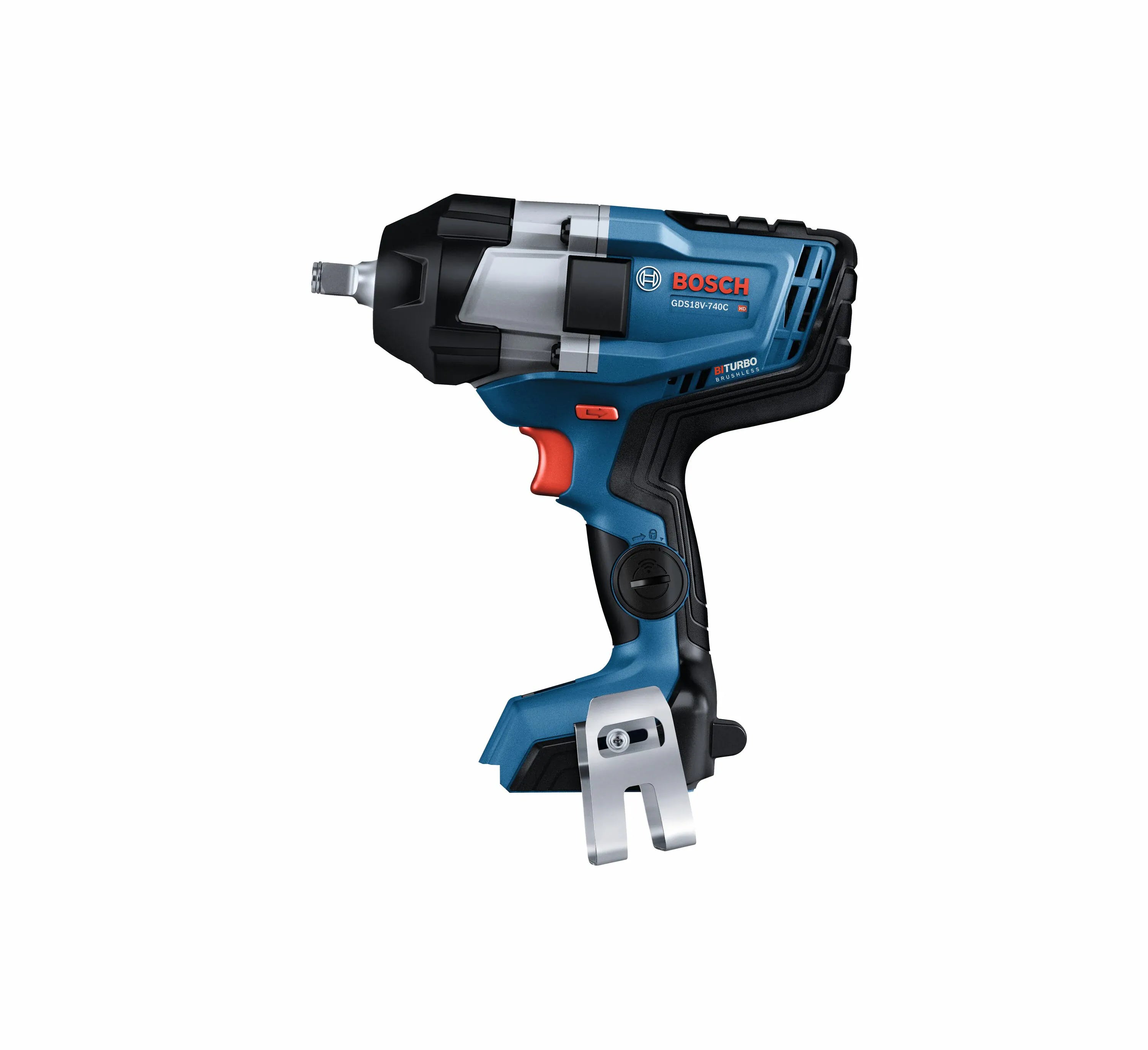 A crisp profile view of the Bosch GDS18V-740C high torque cordless impact wrench tool head, displaying the standard blue and silver metallic housing body configuration.