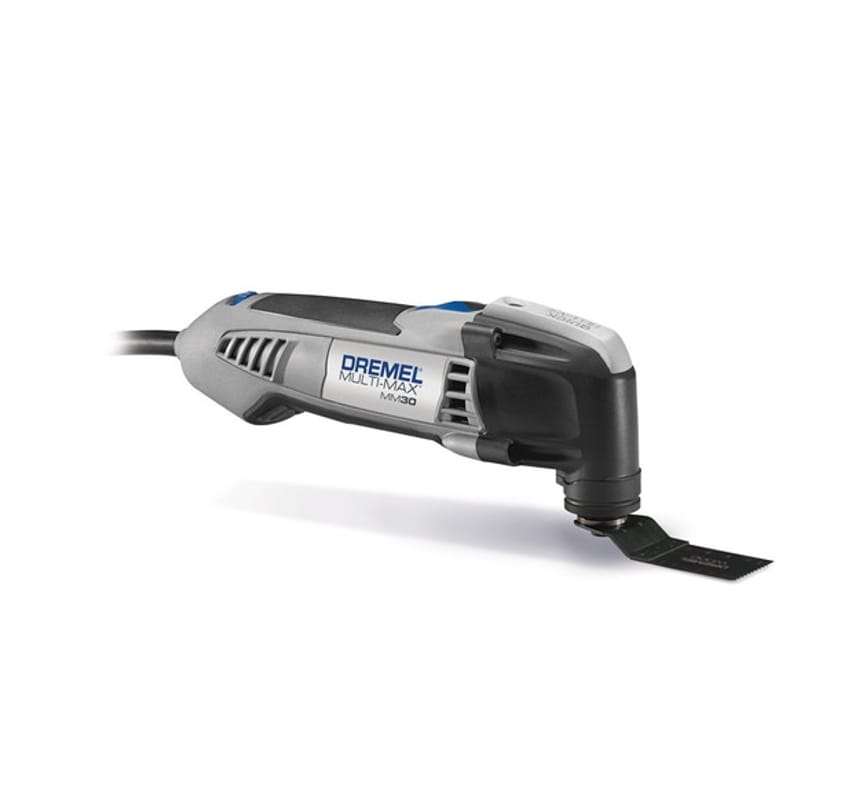 A right-side profile photograph of the Reconditioned Dremel MM30 Multi-Max oscillating tool on a plain white background, showing its grey and black ergonomic body, red accents, and corded power connection.