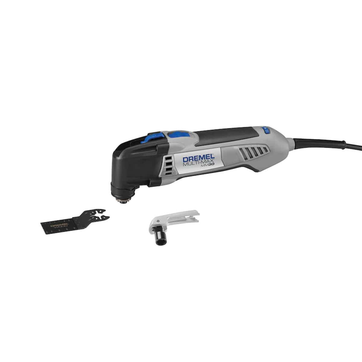 A top-down view of the Reconditioned Dremel MM30 corded multitool on a white background, displaying the prominent red integrated quick-release wrench handle and the red variable speed dial near the cord end.