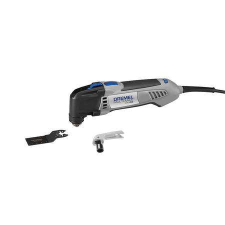 A top-down view of the Reconditioned Dremel MM30 corded multitool on a white background, displaying the prominent red integrated quick-release wrench handle and the red variable speed dial near the cord end.