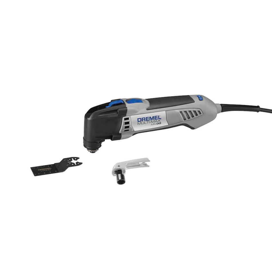 A top-down view of the Reconditioned Dremel MM30 corded multitool on a white background, displaying the prominent red integrated quick-release wrench handle and the red variable speed dial near the cord end.