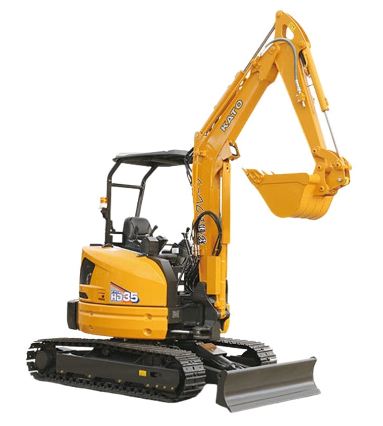 KATO HD35 V5 mini excavator in bright yellow with hydraulic arm, bucket attachment, rubber tracks, open cab, and front dozer blade, positioned for construction use.