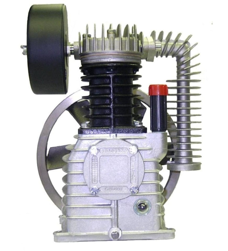 Studio shot of the single-stage air compressor pump head assembly, highlighting the cast iron housing, aluminum cooling fins, and large drive pulley wheel
