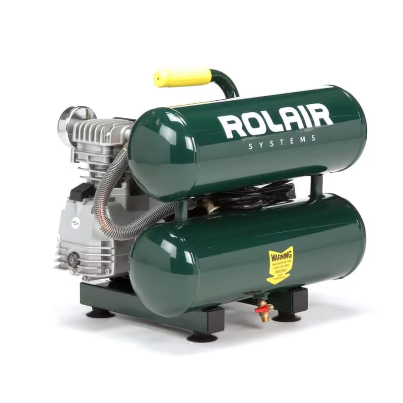 Primary studio view of the Rolair VT20ST 2 HP portable air compressor, showing the compact twin tank and cast iron pump in a hand carry configuration
