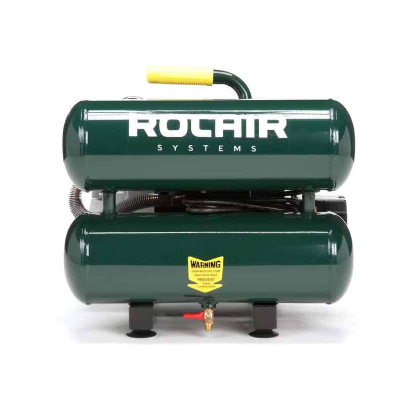 Front view studio shot of the Rolair VT20ST hand carry air compressor, highlighting the twin horizontal tanks and the brass tank drain valve