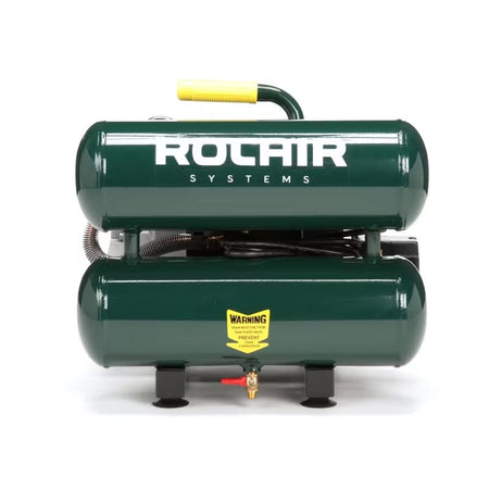 Front view studio shot of the Rolair VT20ST hand carry air compressor, highlighting the twin horizontal tanks and the brass tank drain valve