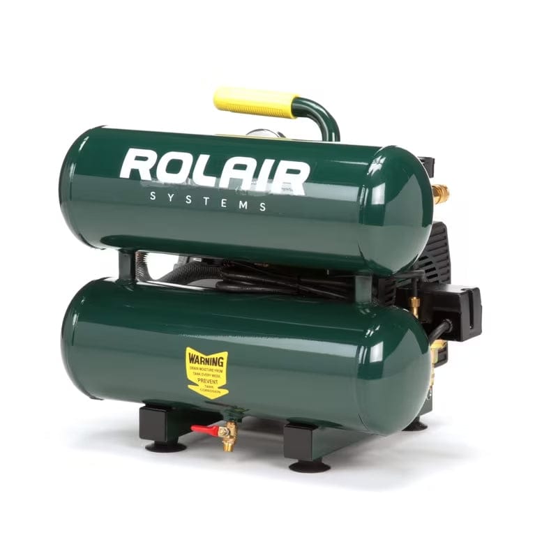Front angled view of the Rolair VT20ST 2 HP compressor, emphasizing the compact, low-profile twin tank design and the sturdy carry handle