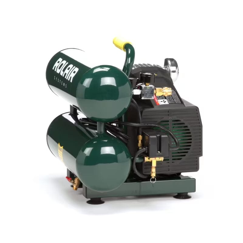 Angled view of the Rolair VT20ST compressor, highlighting the electric motor side, yellow carry handle, and the twin air tanks