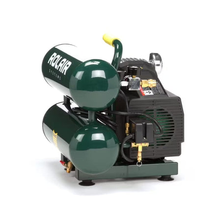 Angled view of the Rolair VT20ST compressor, highlighting the electric motor side, yellow carry handle, and the twin air tanks