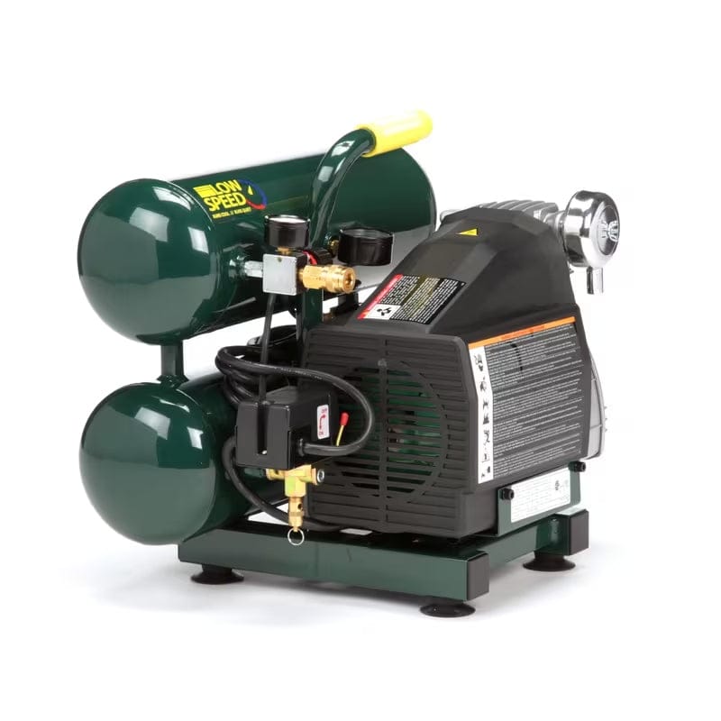 Angled view of the Rolair VT20ST hand carry compressor, showing the pump cover, dual gauges, regulator, and the pressure switch assembly on the twin tank