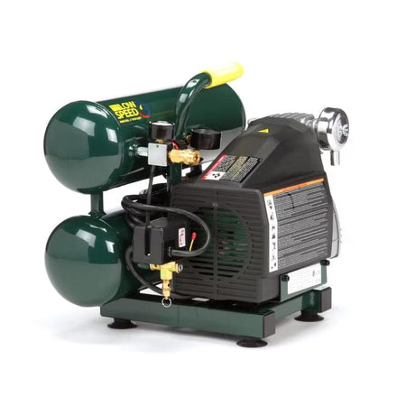 Angled view of the Rolair VT20ST hand carry compressor, showing the pump cover, dual gauges, regulator, and the pressure switch assembly on the twin tank