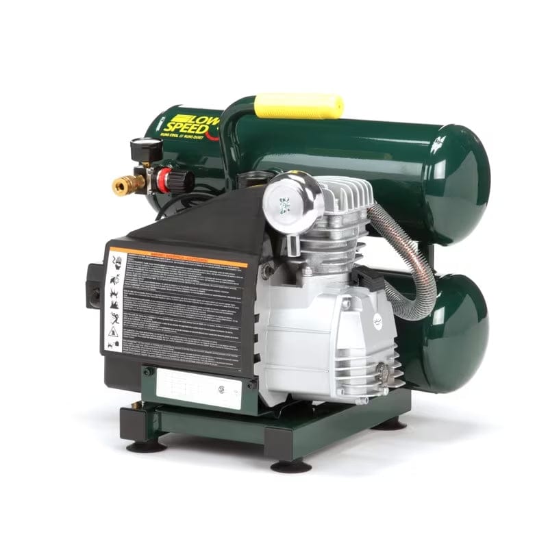 Angled studio view of the Rolair VT20ST highlighting the low speed, cast-iron pump head assembly with cooling fins and the user-friendly regulator panel