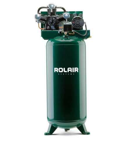 Studio shot of the green Rolair V5160PT03XB 5 HP 60 gallon vertical electric air compressor, showing the pump and motor assembly mounted on the top of the ASME certified tank