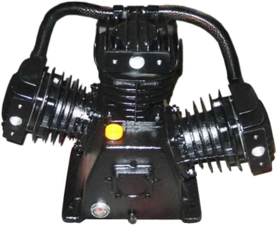 Extreme close-up view of the black single-stage, twin-cylinder air compressor pump head with cooling fins and piston housing
