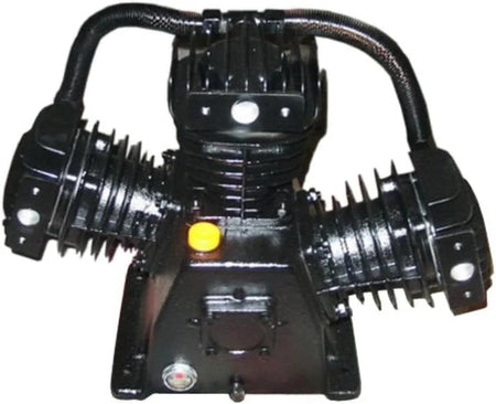 Extreme close-up view of the black single-stage, twin-cylinder air compressor pump head with cooling fins and piston housing