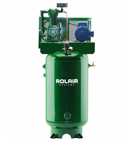 Studio shot of the green Rolair V5180K30B-19 5 HP 80 gallon vertical two-stage air compressor, showing the pump, motor assembly, and pressure gauge mounted atop the ASME certified tank