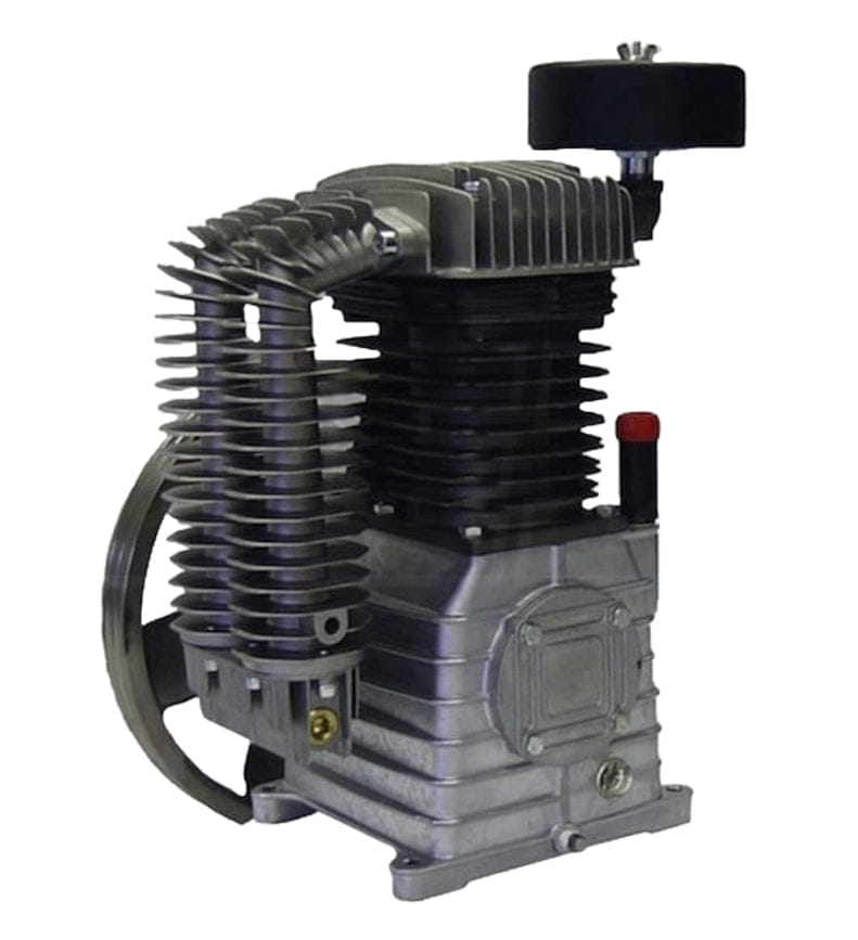 Close-up angled view of the cast iron, two-stage air compressor pump head, highlighting the large cooling fins, pulley wheel, and the high-pressure cylinder