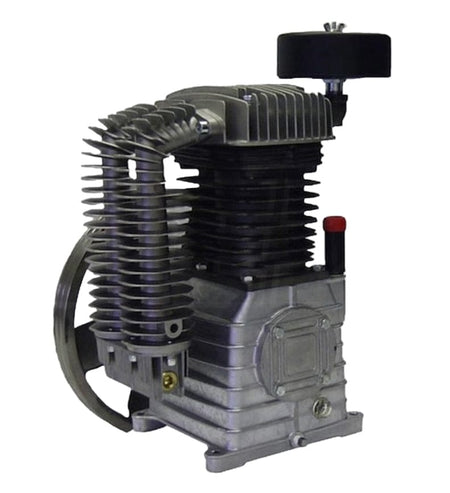 Close-up angled view of the cast iron, two-stage air compressor pump head, highlighting the large cooling fins, pulley wheel, and the high-pressure cylinder