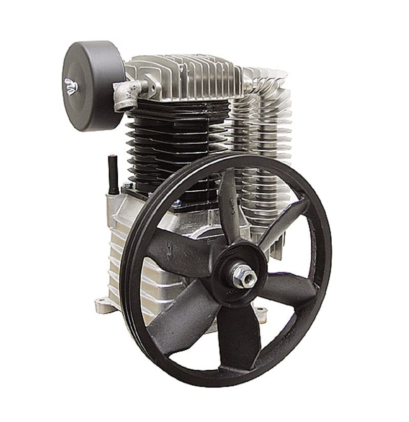  Pump head of an air compressor. You can see the cylinders with cooling fins, the flywheel with fan blades for cooling, and the intake filter on the left. It's the part of the compressor that does the actual work of compressing the air.