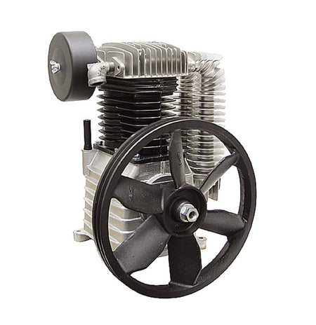  Pump head of an air compressor. You can see the cylinders with cooling fins, the flywheel with fan blades for cooling, and the intake filter on the left. It's the part of the compressor that does the actual work of compressing the air.