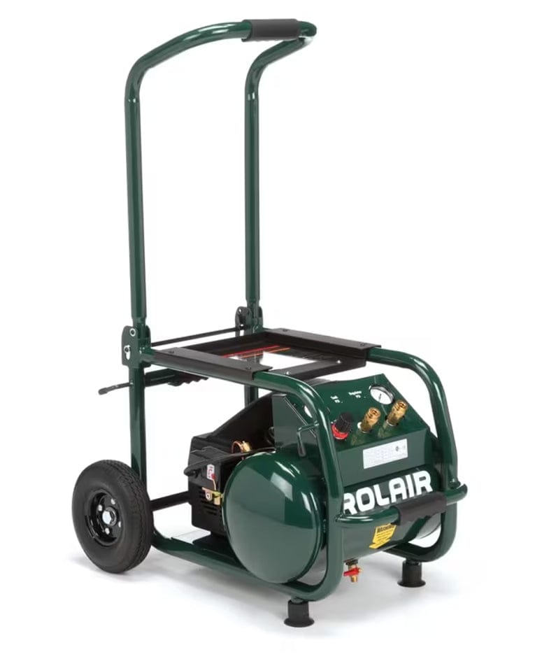 Full angled studio view of the Rolair VT25BIG 2.5 HP portable air compressor with the push handle extended for jobsite mobility