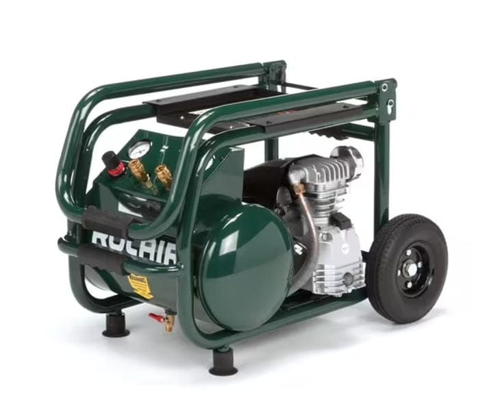 Front angled view of the Rolair VT25BIG air compressor in the compact storage position with the handle folded down