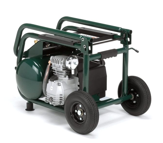 Rear angled view of the Rolair VT25BIG portable air compressor in the storage position with the handle folded down, showcasing the heavy-duty wheels and cast iron pump assembly