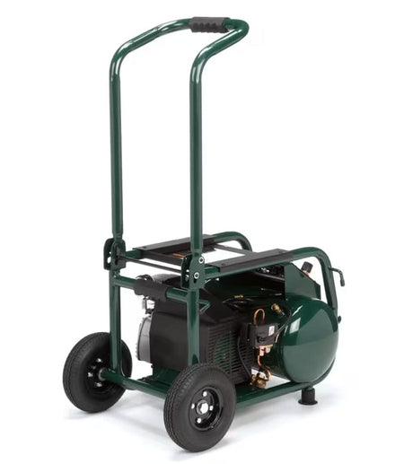 Angled rear-side view of the Rolair VT25BIG compressor, highlighting the folding vertical handle and the robust wheeled frame