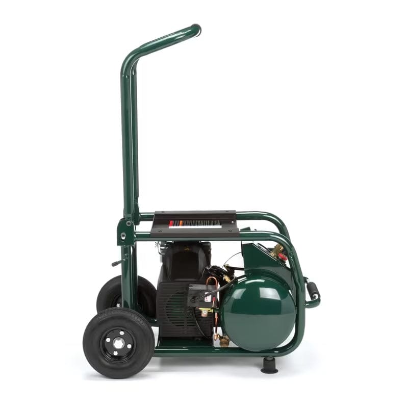 Side profile view of the Rolair VT25BIG portable air compressor, highlighting the heavy-duty flat-free tires and vertical handle for easy transport