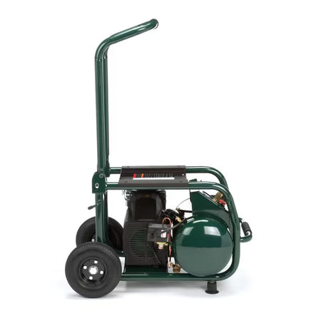 Side profile view of the Rolair VT25BIG portable air compressor, highlighting the heavy-duty flat-free tires and vertical handle for easy transport