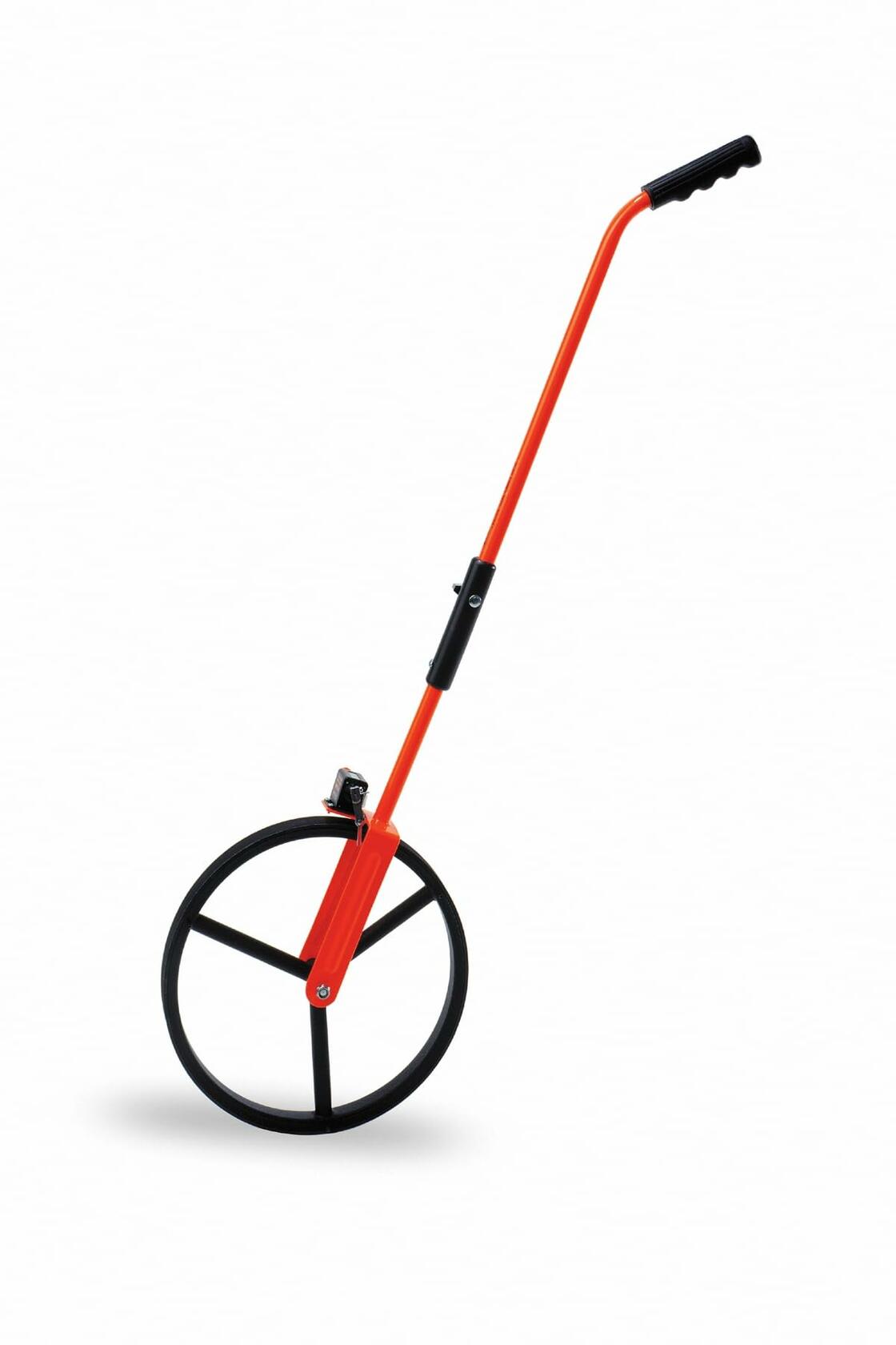 This is an eye-level, full-shot of a bright orange measuring wheel, standing upright and angled slightly to the right against a plain white background. The device consists of a large, black, spoked wheel at the bottom connected by a long, slender orange handle that extends upwards to a black handgrip, with a smaller black mechanism visible near where the handle connects to the wheel.