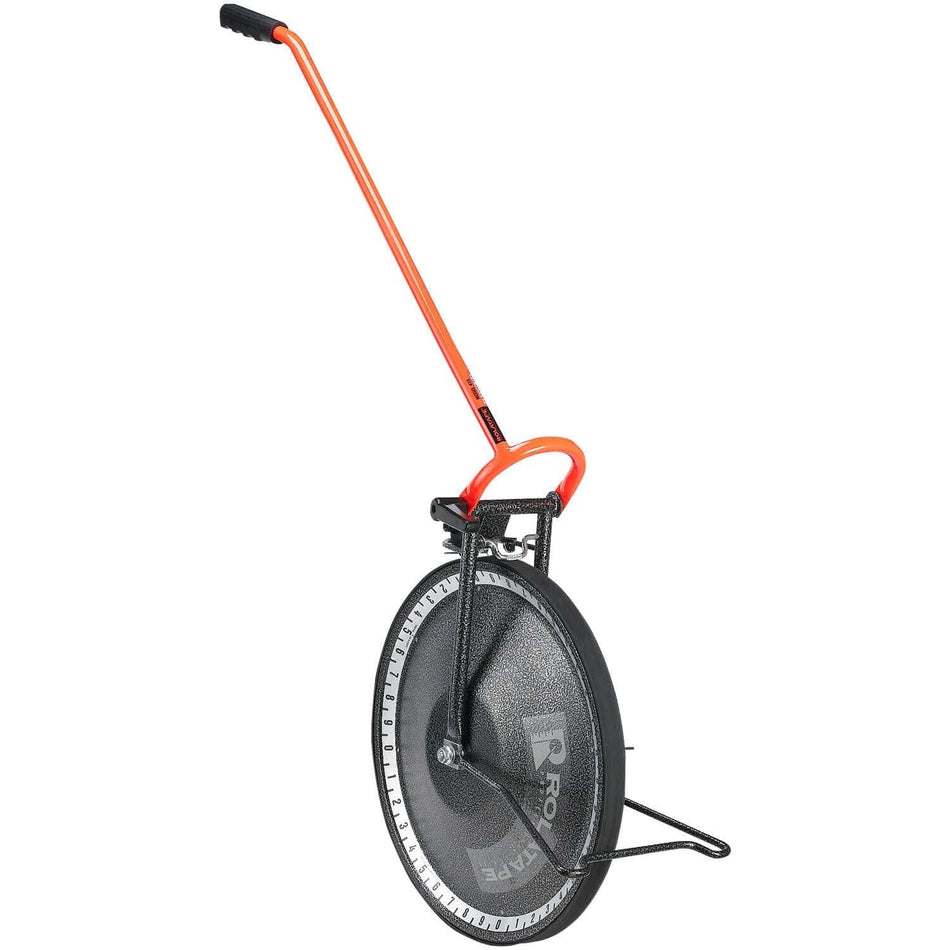 Surveyor-style measuring wheel with calibrated edge, ergonomic handle, and counter mechanism for distance tracking.