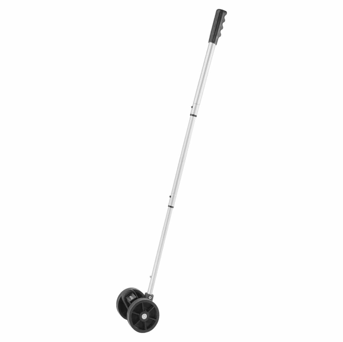 Rolatape 32-112 measuring wheel with dual 4-inch wheels and a 3-piece aluminum telescoping handle extended for upright distance measuring.