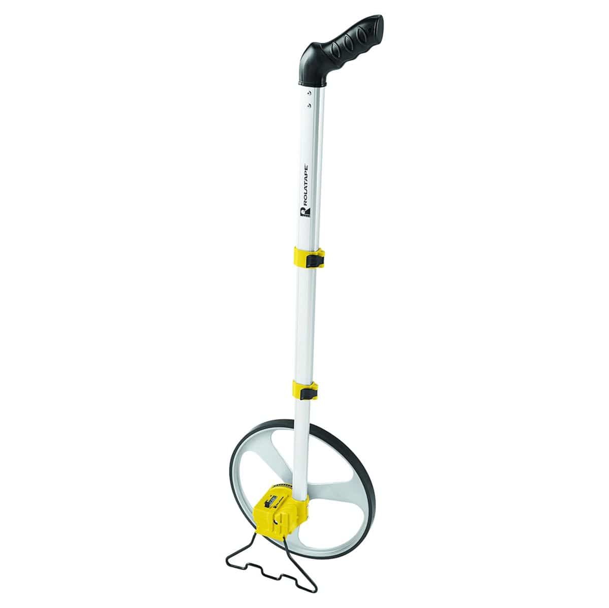 Rolatape RT312M metric measuring wheel with extended 3-section aluminum telescoping handle, kickstand, and ergonomic pistol grip.