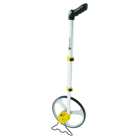 Rolatape RT312M metric measuring wheel with extended 3-section aluminum telescoping handle, kickstand, and ergonomic pistol grip.