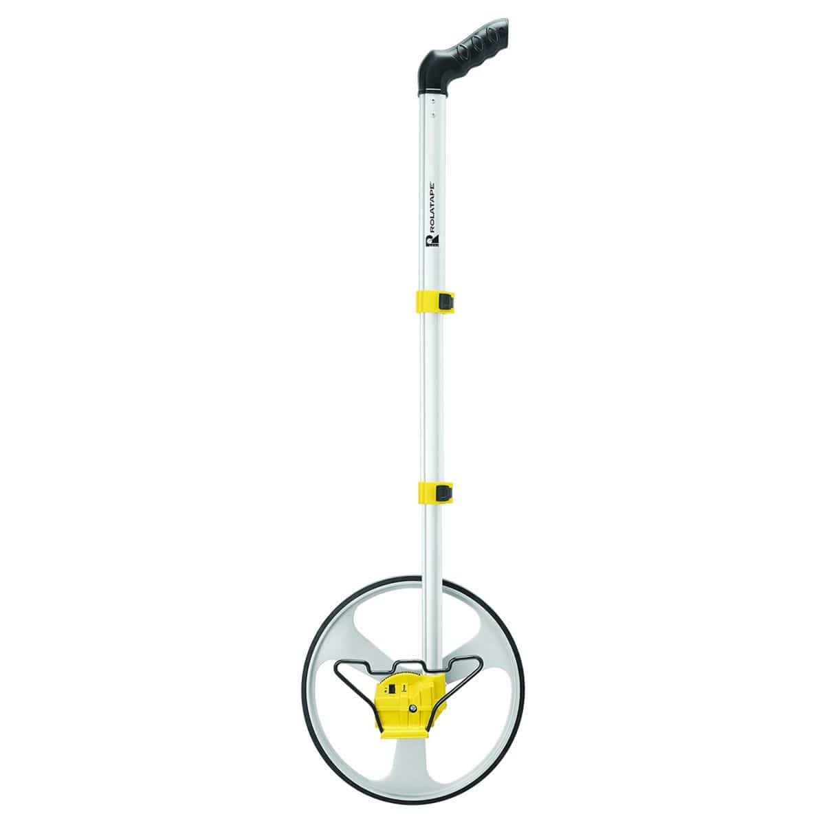 Rolatape RT312M measuring wheel displaying the 1-meter circumference spoke design, yellow gear housing, and folding metal kickstand.