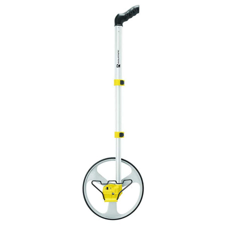 Rolatape RT312M measuring wheel displaying the 1-meter circumference spoke design, yellow gear housing, and folding metal kickstand.