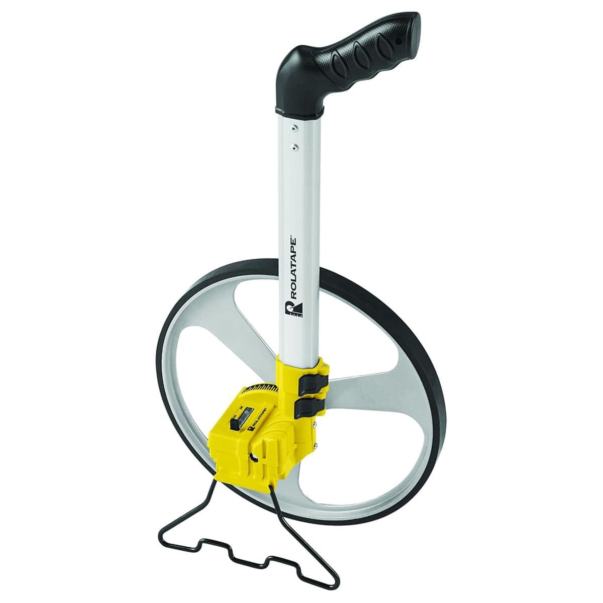 Close-up of the Rolatape RT312M yellow mechanical counter housing showing the reset button and kickstand mechanism.
