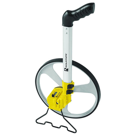 Close-up of the Rolatape RT312M yellow mechanical counter housing showing the reset button and kickstand mechanism.