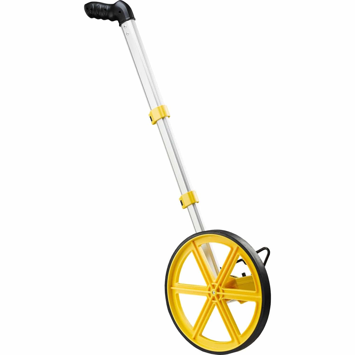 A perspective view of the Rolatape RT300 professional measuring wheel featuring a bright yellow 11.5-inch wheel, a lightweight aluminum telescoping shaft with quick-lock clamps, and a black ergonomic pistol grip handle.