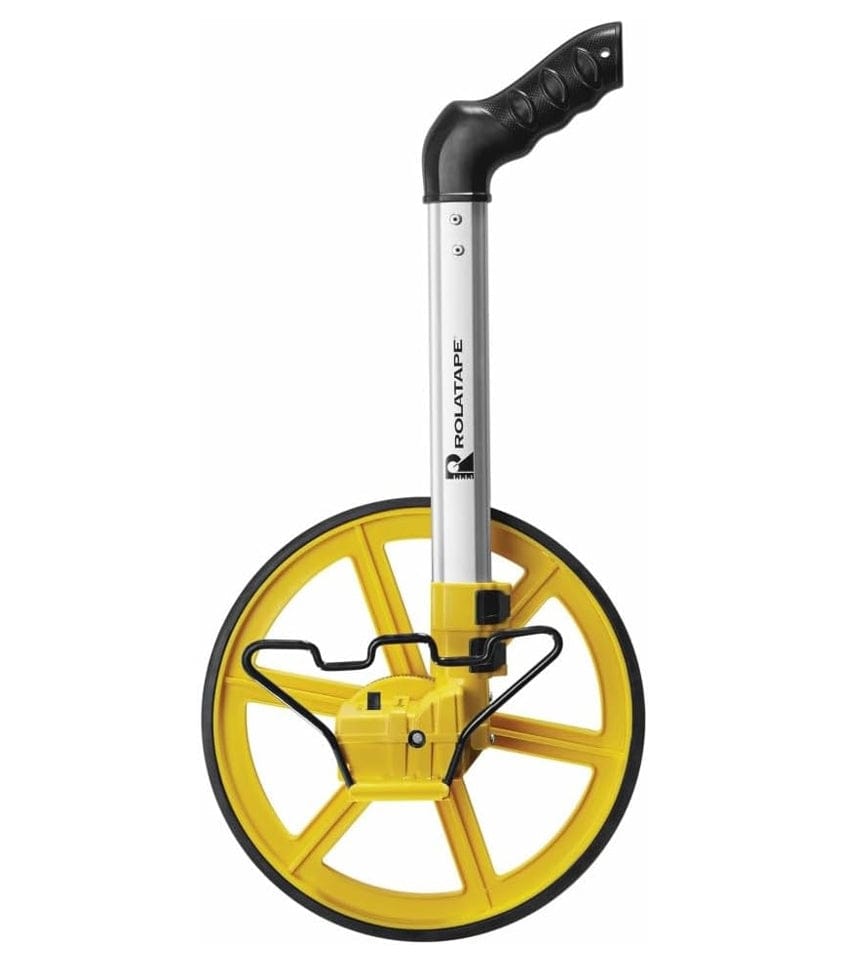 A side profile of the Rolatape RT300 measuring wheel in its collapsed position, highlighting the compact portability of the three-section telescoping shaft and the integrated kickstand.