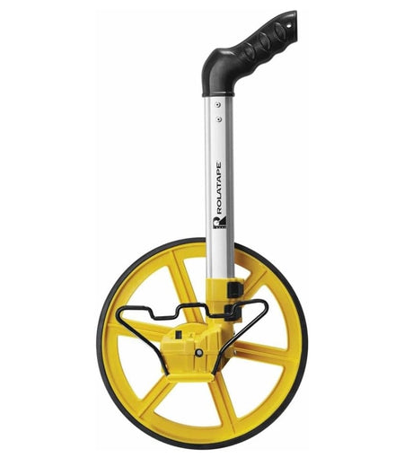 A side profile of the Rolatape RT300 measuring wheel in its collapsed position, highlighting the compact portability of the three-section telescoping shaft and the integrated kickstand.