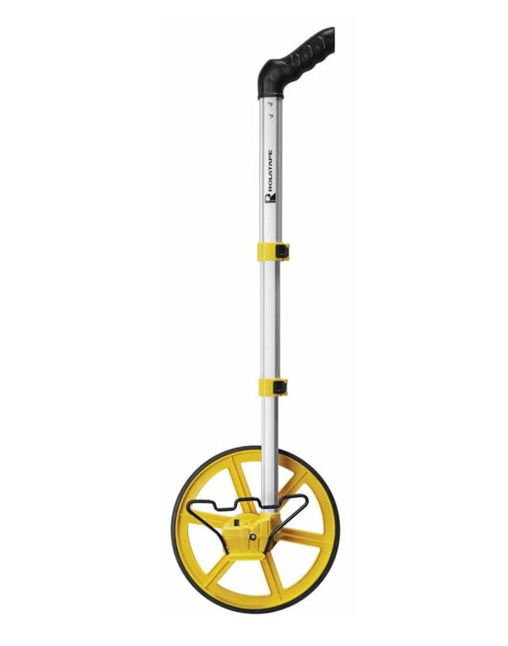 A front-facing view of the Rolatape RT300 measuring wheel with the aluminum telescoping shaft fully extended, demonstrating the tool's height for comfortable upright use during long-distance landscaping or construction measurements.