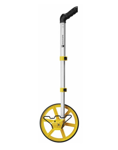 A front-facing view of the Rolatape RT300 measuring wheel with the aluminum telescoping shaft fully extended, demonstrating the tool's height for comfortable upright use during long-distance landscaping or construction measurements.