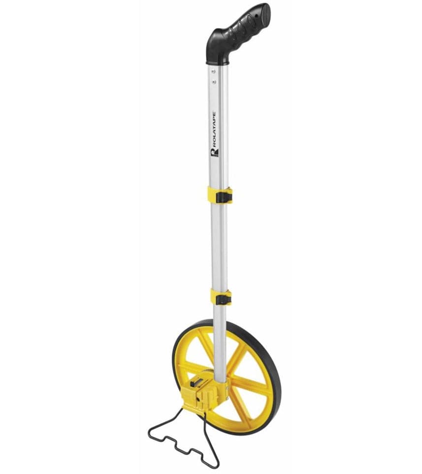 A perspective view of the Rolatape RT300 distance measuring wheel showcasing the balance between the heavy-duty 11.5-inch wheel and the sleek, adjustable aluminum handle assembly.
