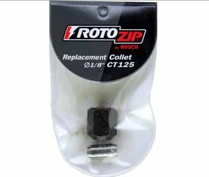 Retail packaging for the Rotozip CT125 replacement collet highlighting the 1/8-inch diameter compatibility for professional rotary tool applications in wood, drywall, and plastic.