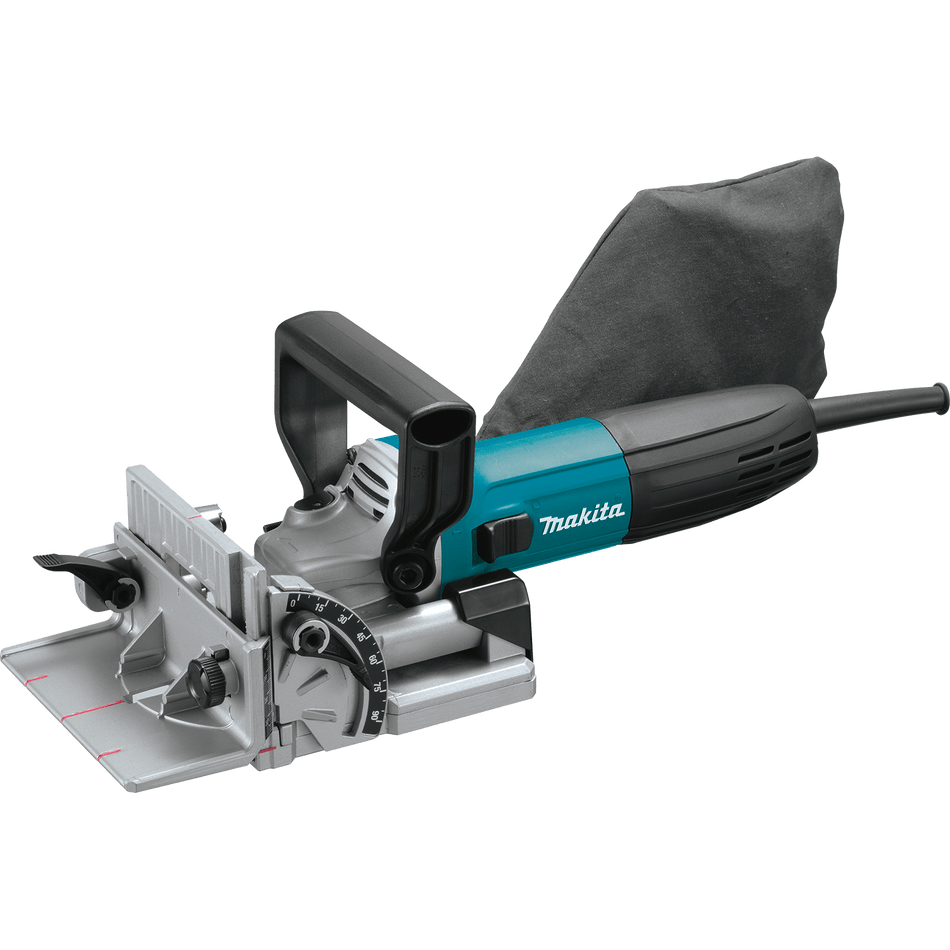 Angled view of the Makita PJ7000 5.6 Amp corded 4 inch woodworking biscuit plate joiner featuring the cast aluminum adjustable fence and attached dust bag.
