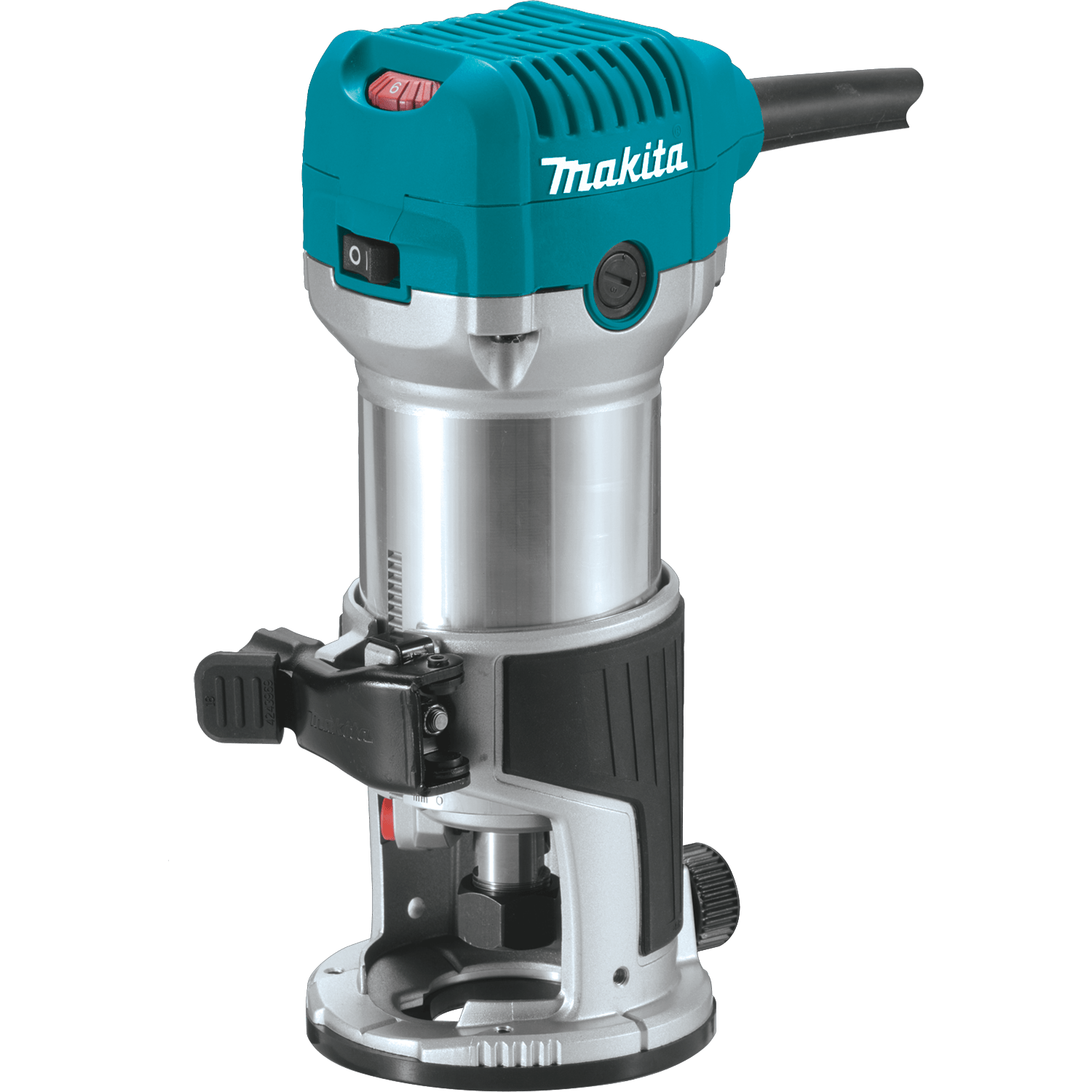 Angled view of the Makita RT0701C 1-1/4 HP corded compact woodworking router, highlighting the durable aluminum motor housing and fixed base with quick release cam lock.