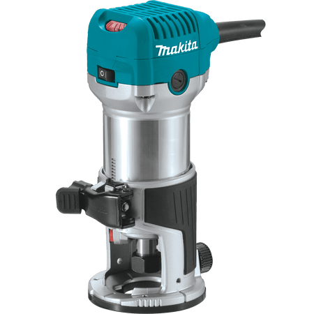 Angled view of the Makita RT0701C 1-1/4 HP corded compact woodworking router, highlighting the durable aluminum motor housing and fixed base with quick release cam lock.