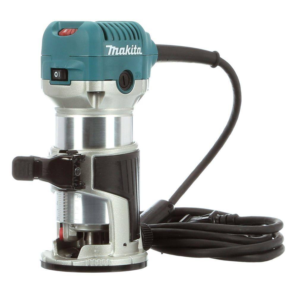 Front profile of the Makita RT0701C variable speed compact router with heavy-duty power cord, showcasing the ergonomic design and powerful 6.5 Amp motor housing.